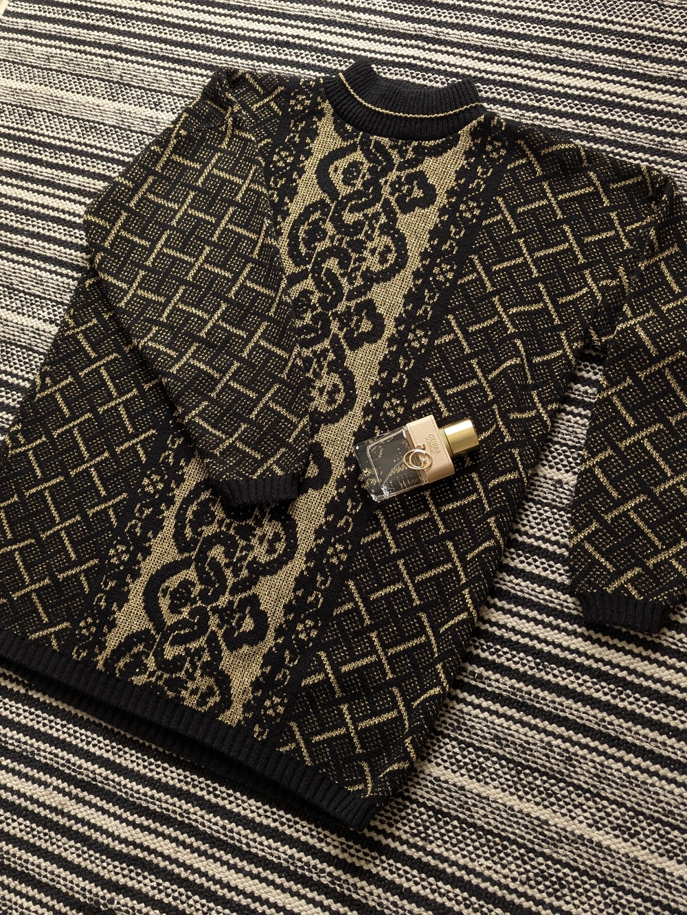 Black and Gold Patterned Turtleneck Sweater